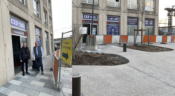 Eric SCICLUNA avec Franck CHOISY ECORAIL Transport devant les locaux de CEP-Publicité sur la Place de la Gare TGV de Saint-Pierre-des-Corps / Tours en travaux